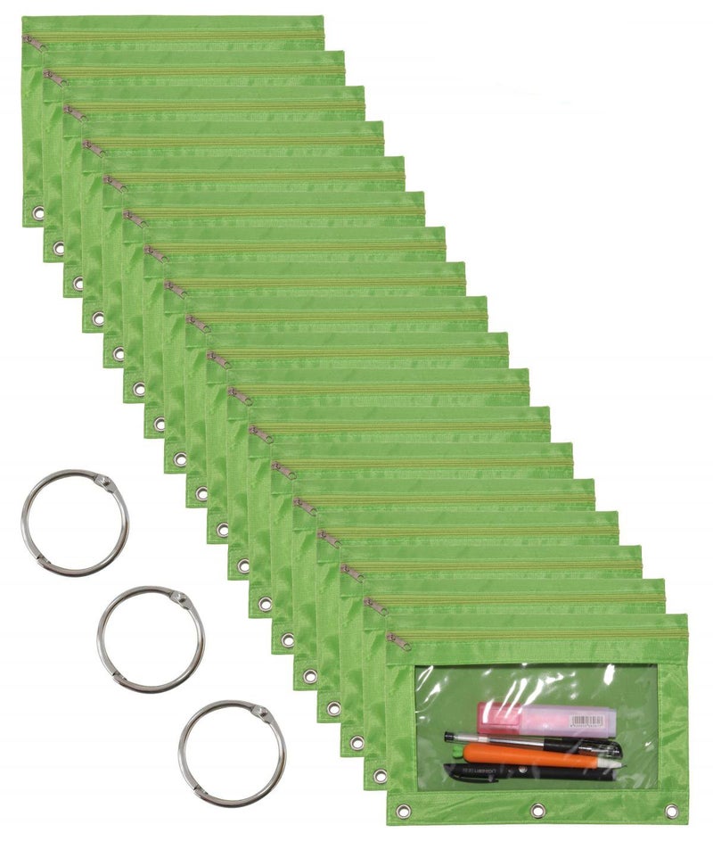 Wodison 18-Packs 3 Ring Pencil Pouch with Clear Window School Classroom Binder Pocket Case Office Stationery Bag Green - Image 1